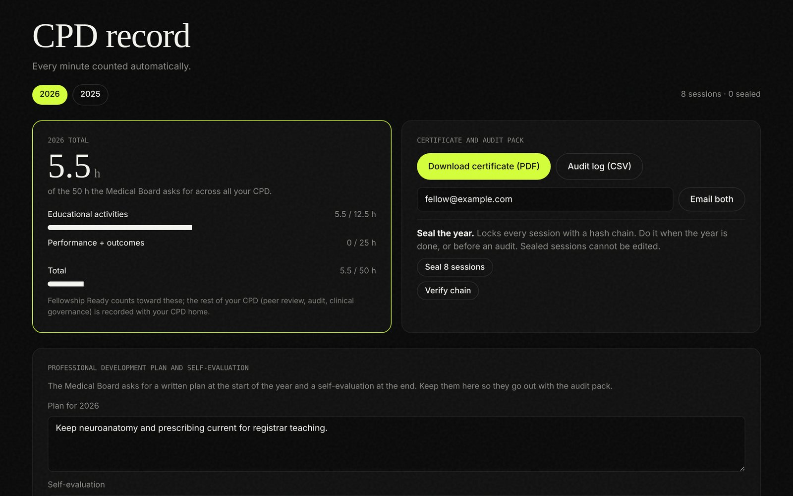 The CPD record with hours by category and a certificate button